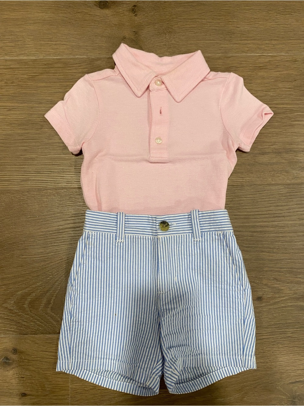 Janie and Jack Pink Polo Top and Blue Stripe Shorts Set